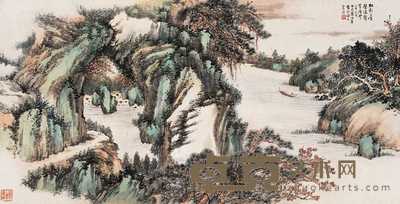 罗伯华 松溪泛舟图 横幅 58×113cm
